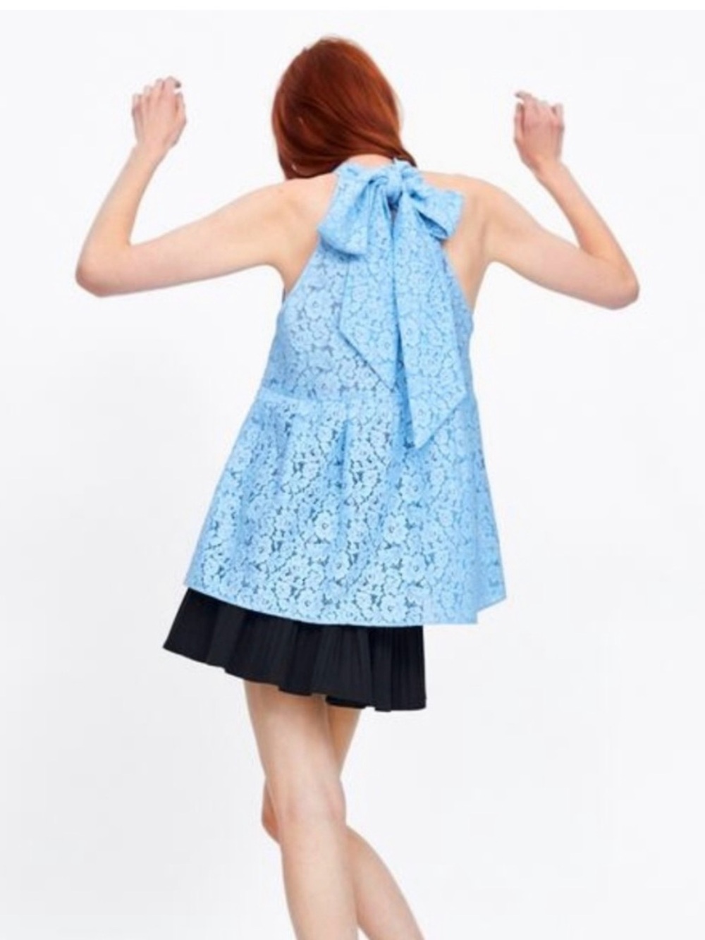 Zara Sleeveless Lace Tie-Neck Back Bow Women’s Top in Light Blue